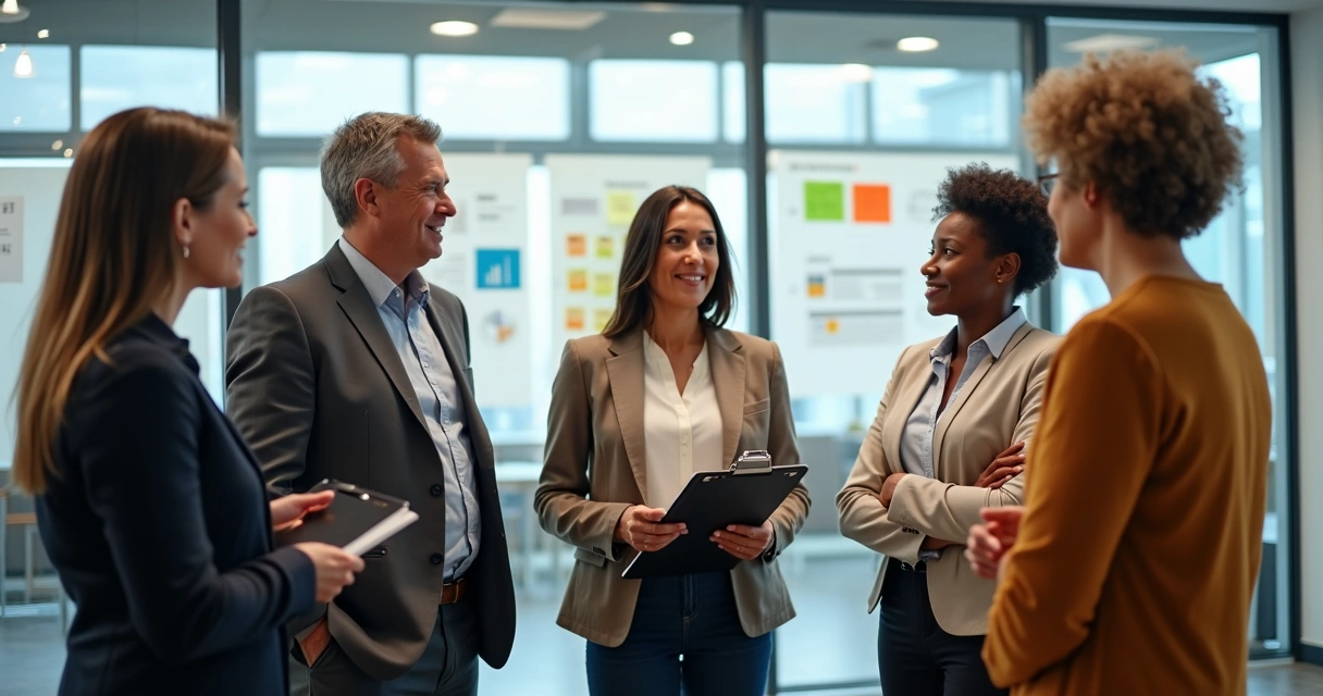 Equipe reunida, debatendo em círculo, com um líder guiando a transição 