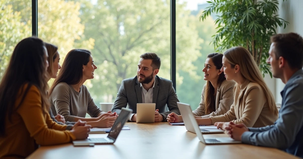 Pessoas reunidas em mesa de trabalho em clima de confiança e transparência, discutindo ideias de forma colaborativa