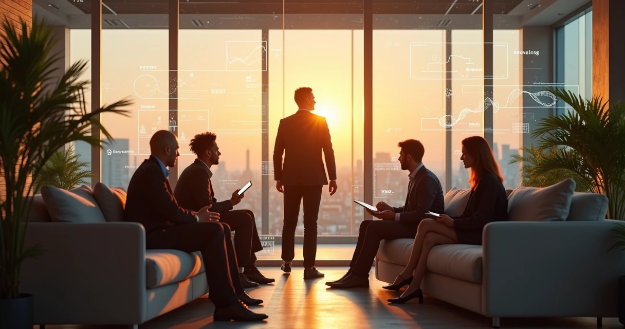 Líder falando com equipe mostrando emoções em parede de vidro digital 