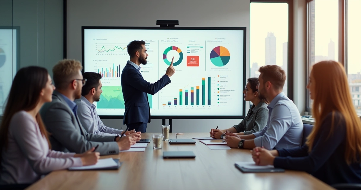 Líder reunido com equipe em sala de reuniões moderna compartilhando informações em um quadro branco.