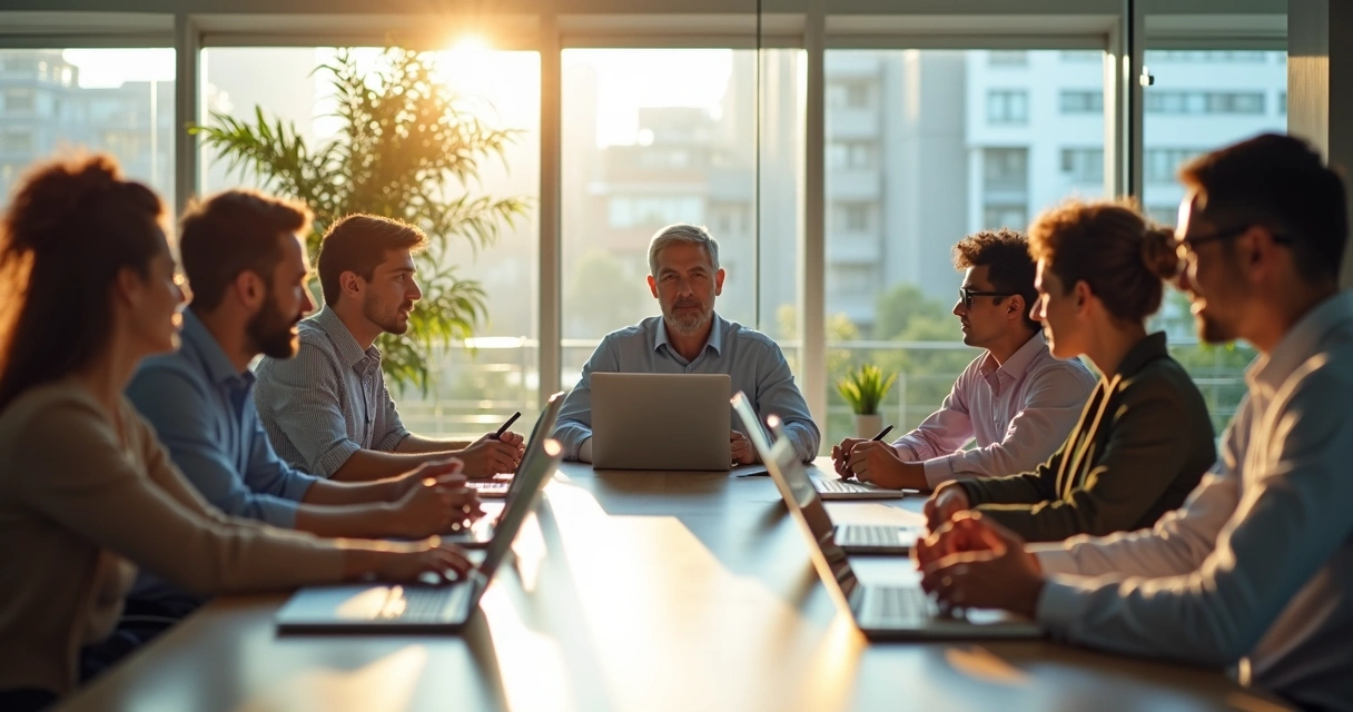 Reunião de trabalho com líder ouvindo sua equipe 