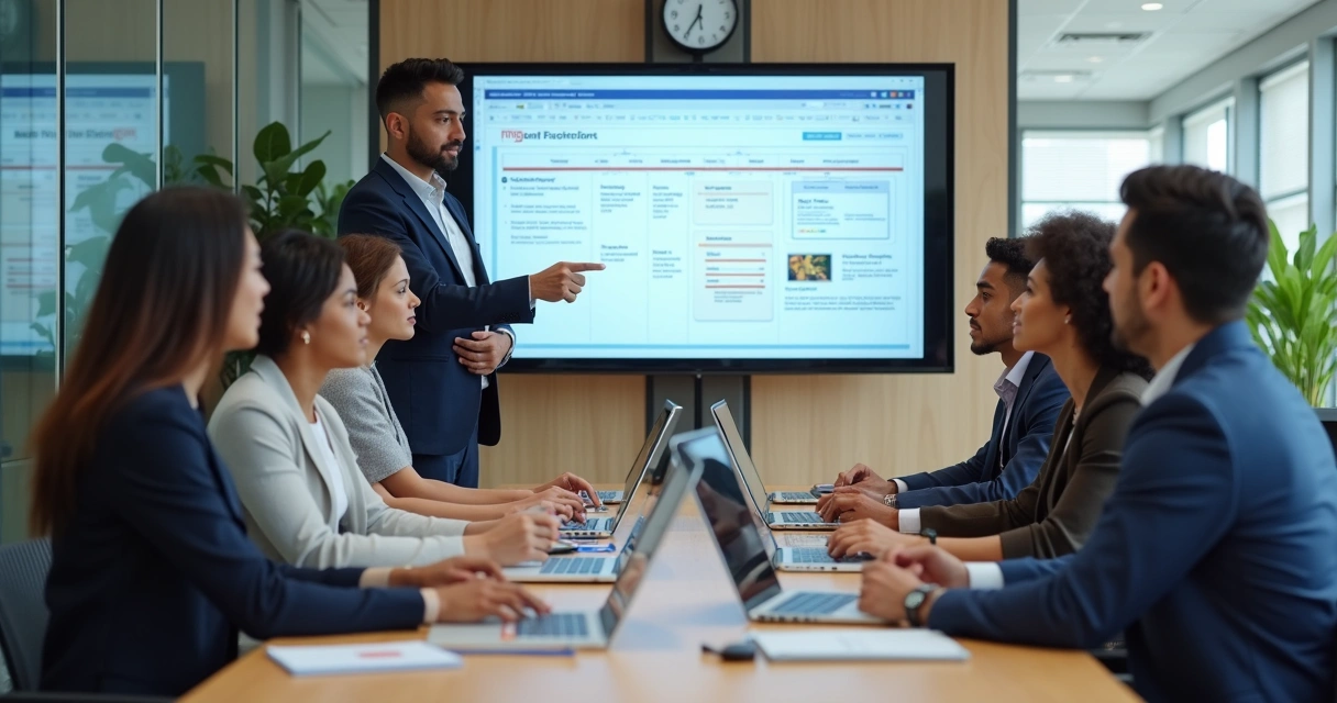 Líder explicando metas para equipe multicultural 