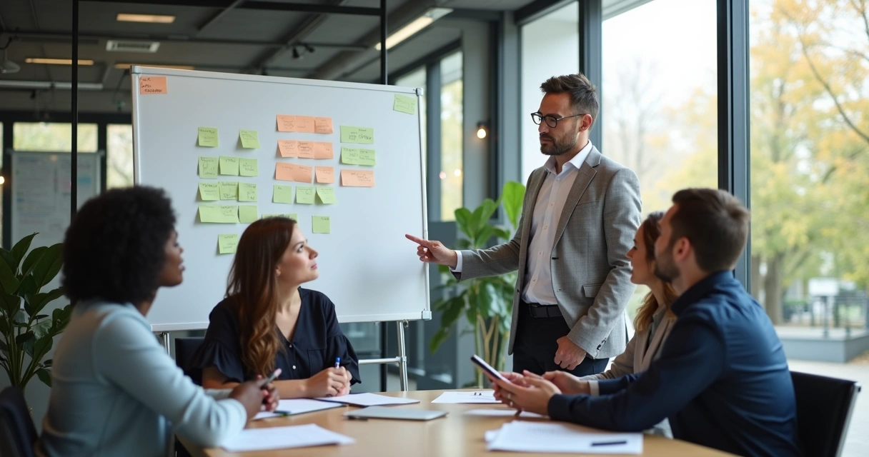 Pessoa liderando reunião de equipe com quadro branco ao fundo