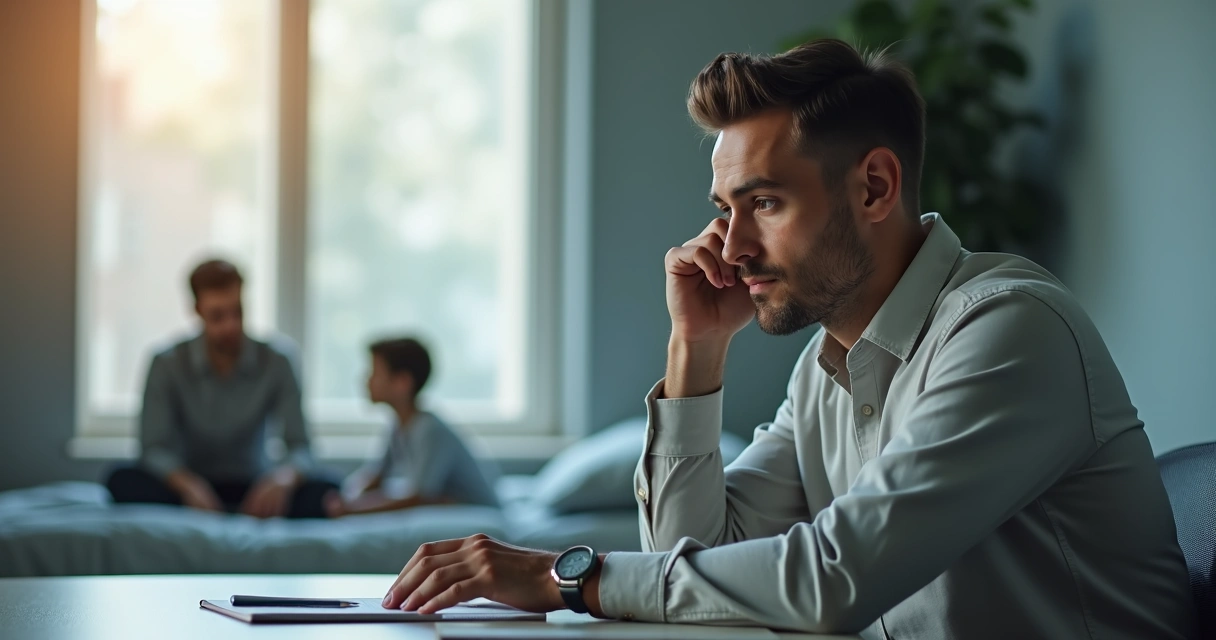 Líder adulto pensativo sobreposto à lembrança de si mesmo criança em ambiente tenso 