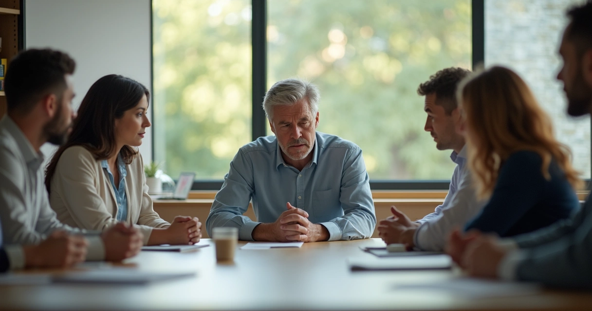 Líder sério em reunião, expressão fechada, equipe desconfortável 