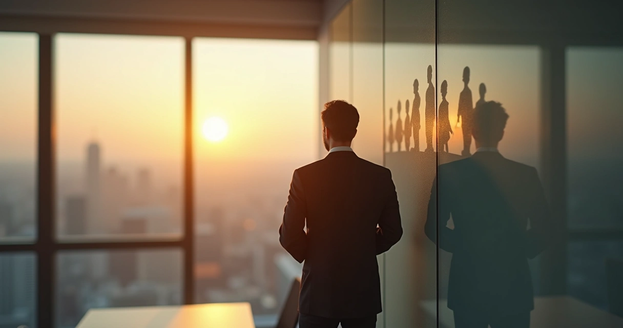 Líder em terno olhando pela janela com sombra fragmentada atrás dele 