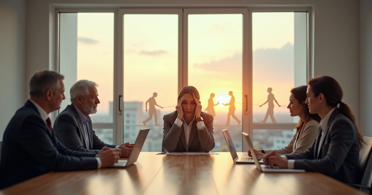 Líder em reunião refletindo sobre peso emocional entre gerações 