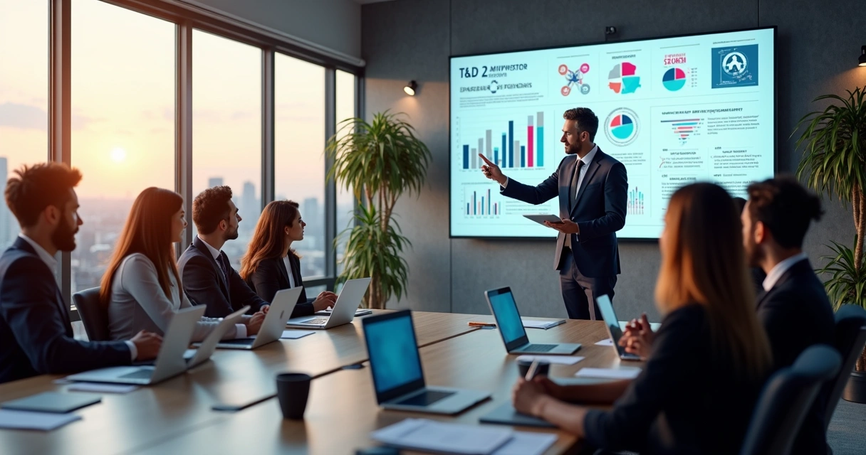 Reunião corporativa com líderes discutindo estratégias de treinamento e desenvolvimento em ambiente moderno 