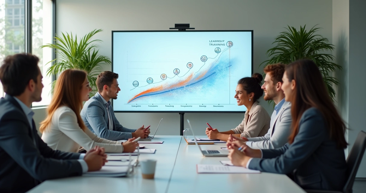 Equipe corporativa em ambiente moderno com painel digital mostrando evolução de liderança e mudança de comportamento 