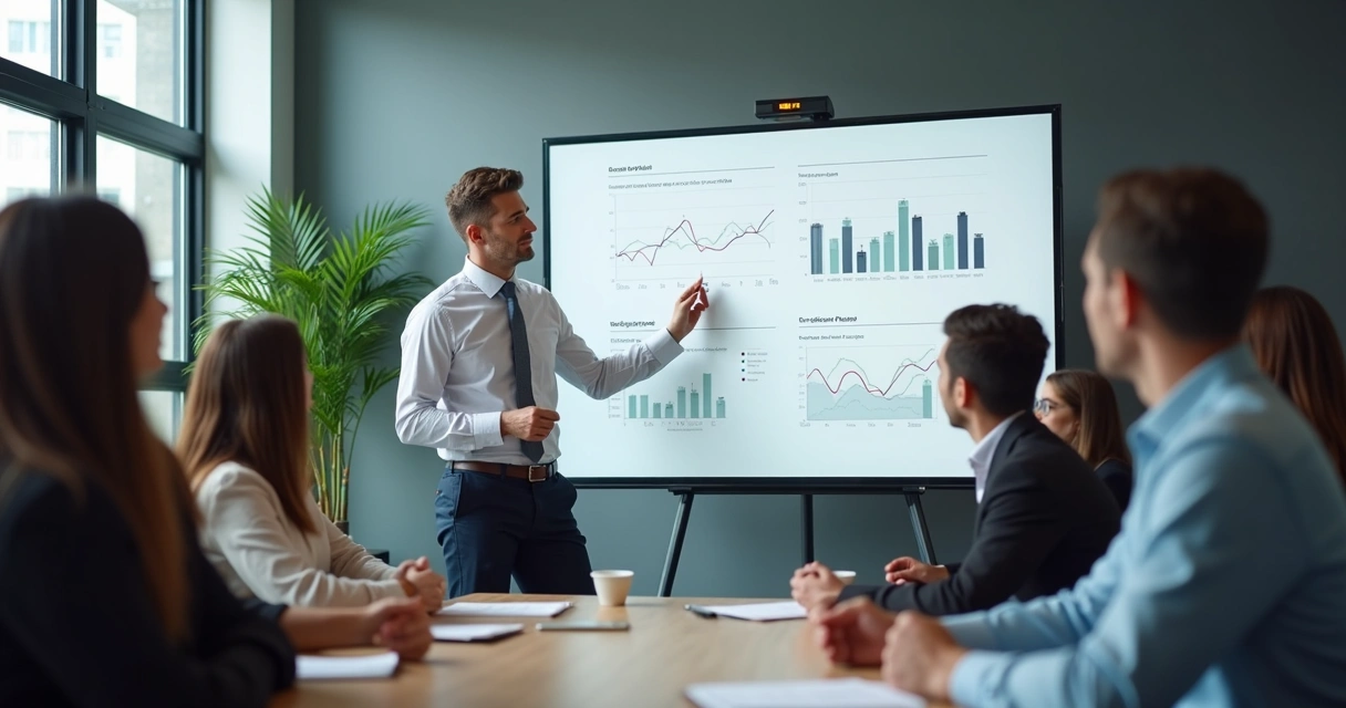 Líder de vendas orientando grupo de vendedores em sala de treinamento com quadro e gráficos 