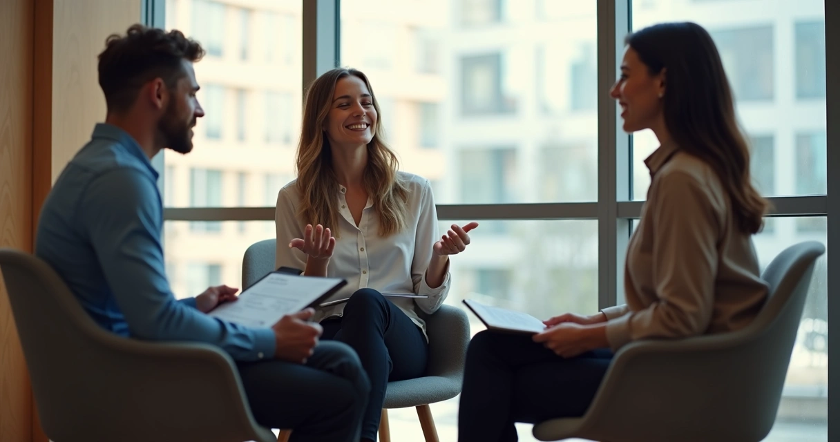 Três pessoas em reunião sentadas em triângulo, uma representando pensamento, outra emoção, e a terceira introspecção; luz suave destaca equilíbrio emocional. 