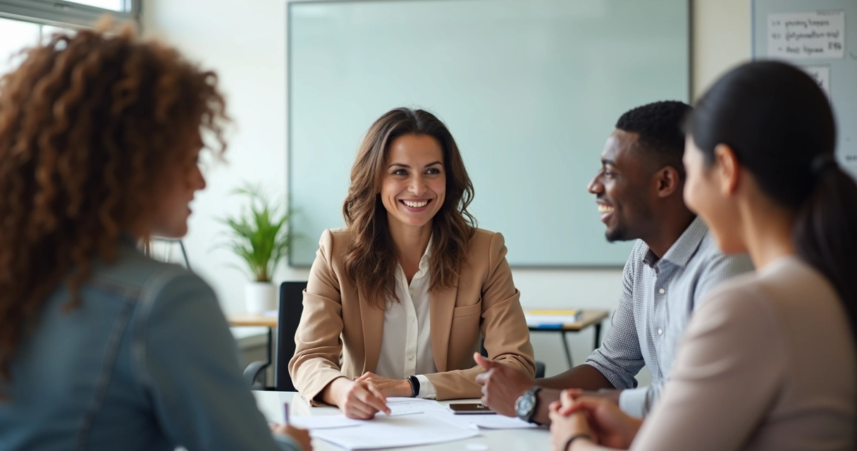 Reunião de liderança com clima acolhedor e expressão de apoio 