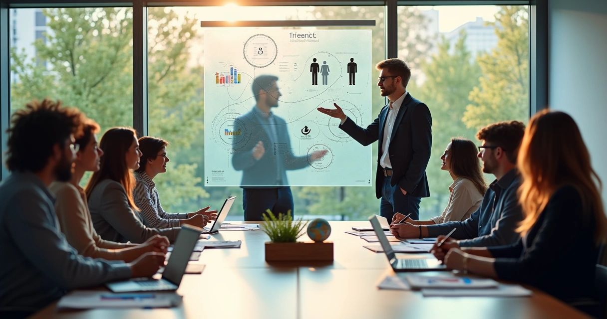 Líder em reunião com equipe diversa conectando impacto social e valor humano 
