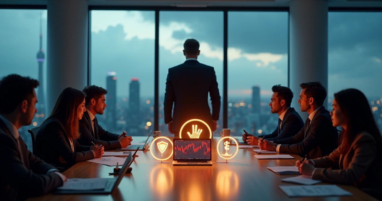 Líder em mesa de crise protegendo valores representados por ícones luminosos 