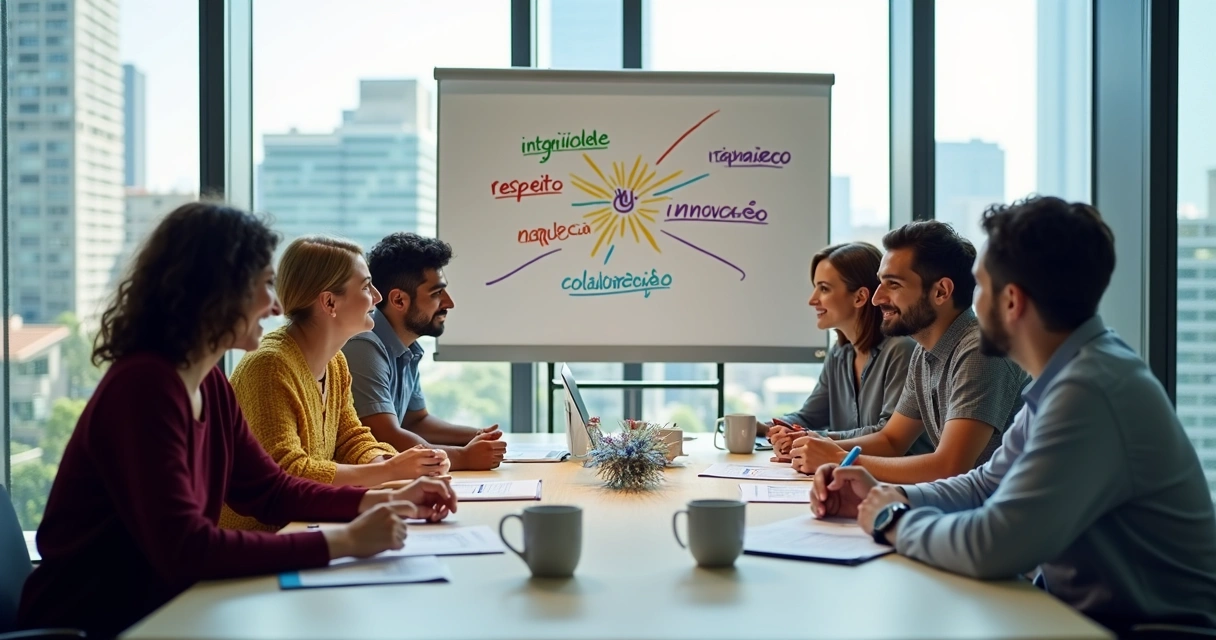 Reunião de líderes discutindo valores organizacionais