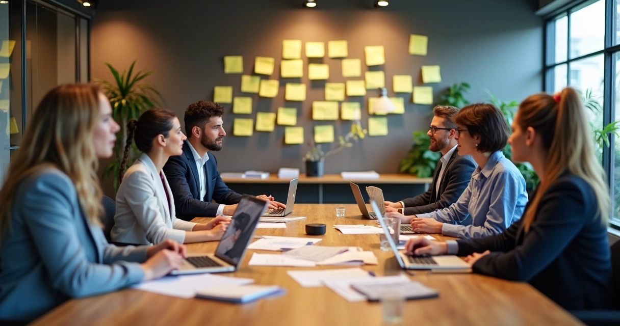 Grupo de líderes em reunião alinhando valores da empresa 
