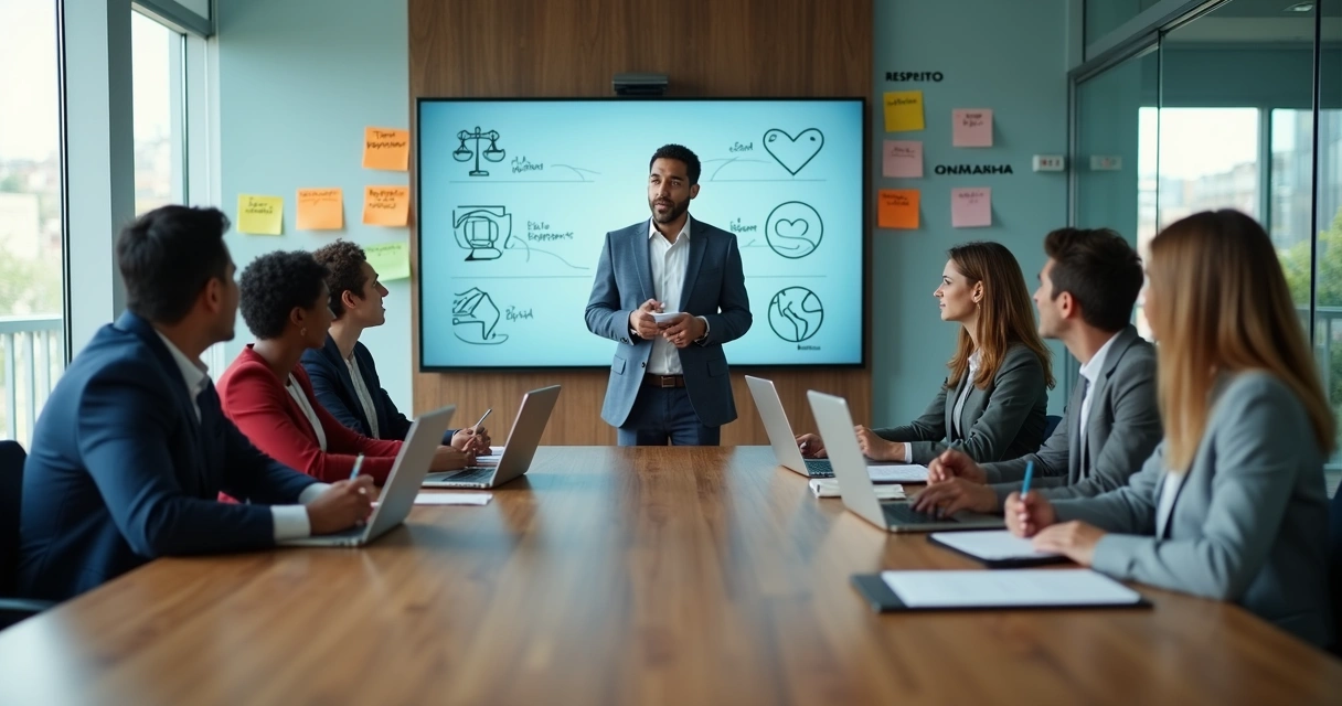 Grupo de líderes em treinamento discutindo valores universais em sala de reunião moderna 