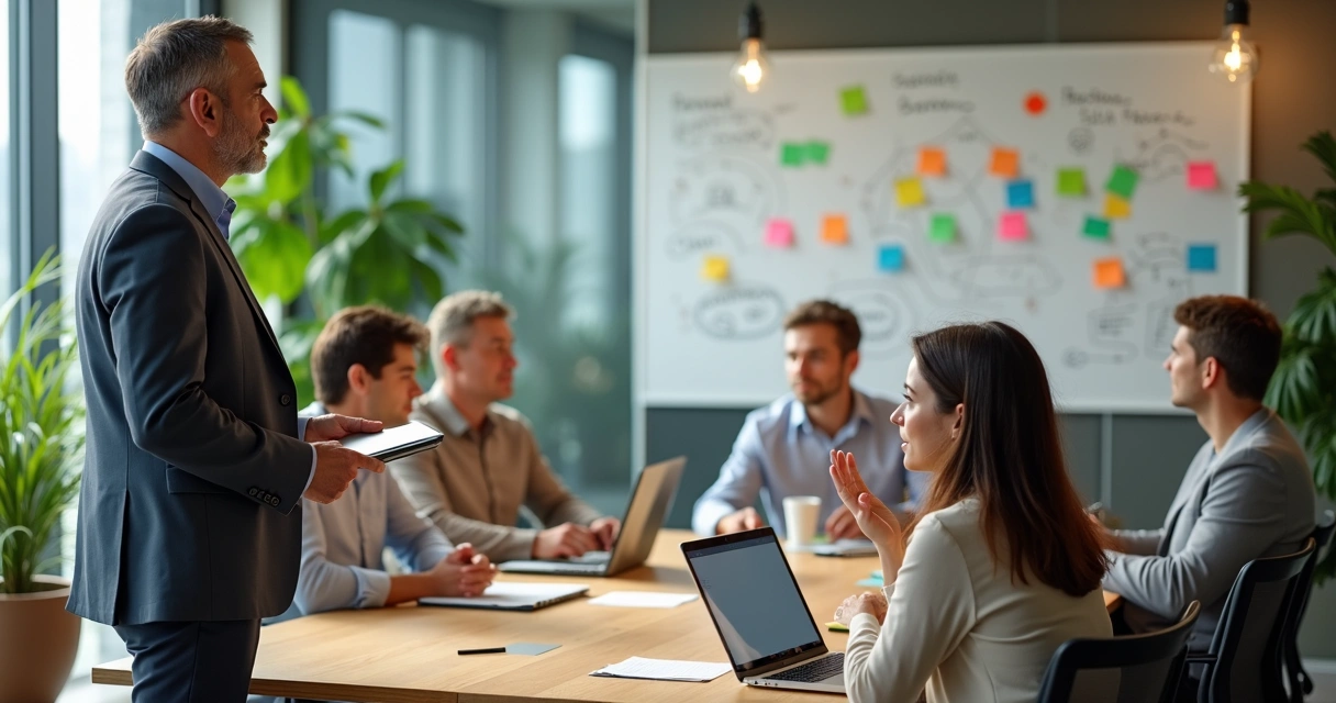 Líder escutando equipe diversa em reunião colaborativa 
