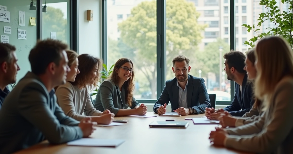 Líder em reunião com equipe diversa em círculo em sala moderna iluminada 