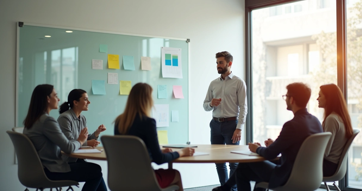 Líder em reunião em pé ouvindo equipe diversa em círculo em escritório moderno iluminado 