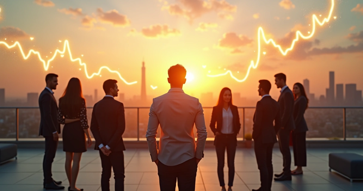 Líder olhando horizonte com silhuetas de pessoas integradas a gráficos sutis 