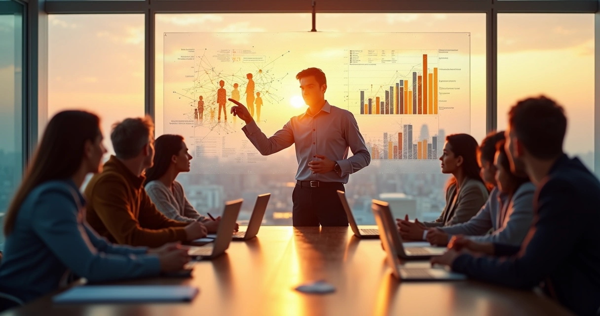 Líder em reunião olhando gráfico que une pessoas e resultados 