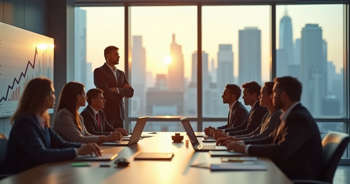 Líder observando equipe em reunião estratégica com gráfico de crescimento ao fundo 