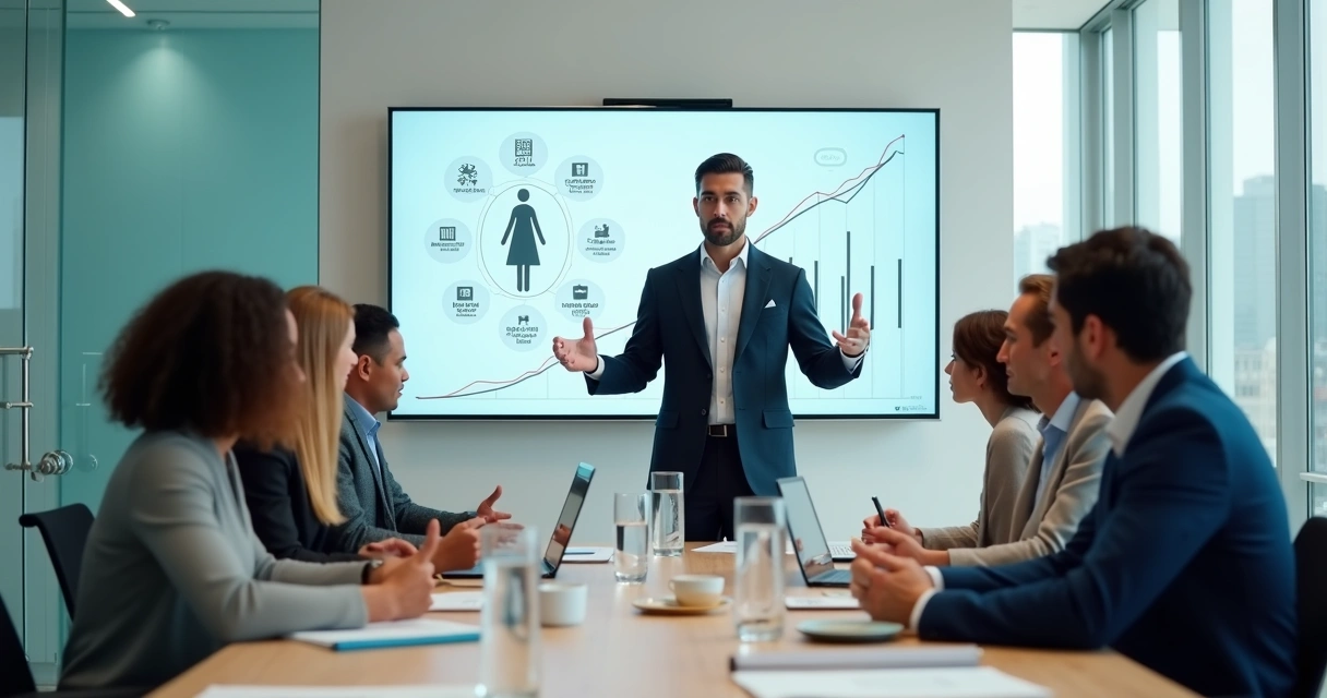 Líder apresentando conceito de valuation humano para equipe em empresa moderna 