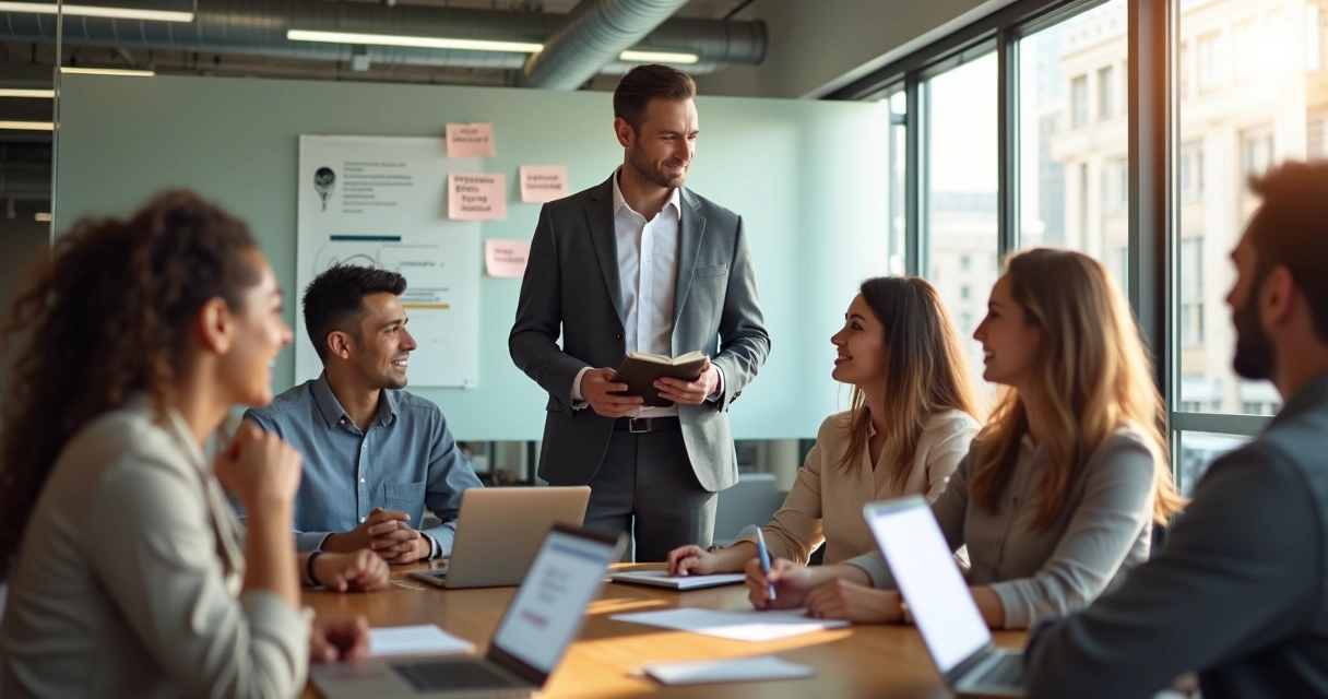 Líder em reunião com equipe em círculo em sala moderna 