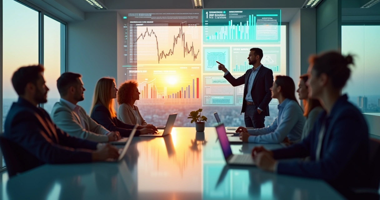 Executivo e equipe avaliando impacto humano e financeiro em painel digital 