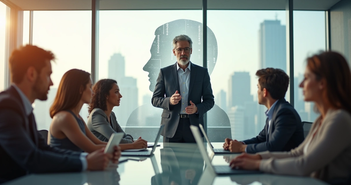 Líder em reunião com silhueta sombreada mostrando vieses inconscientes 