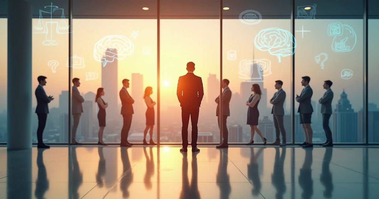 Executivo observando silhuetas humanas projetadas com sombras distorcidas em um ambiente corporativo moderno 