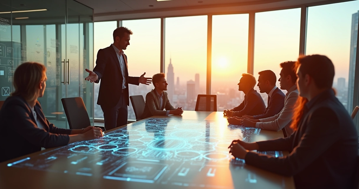 Líder observando equipe conectada em ambiente corporativo moderno 