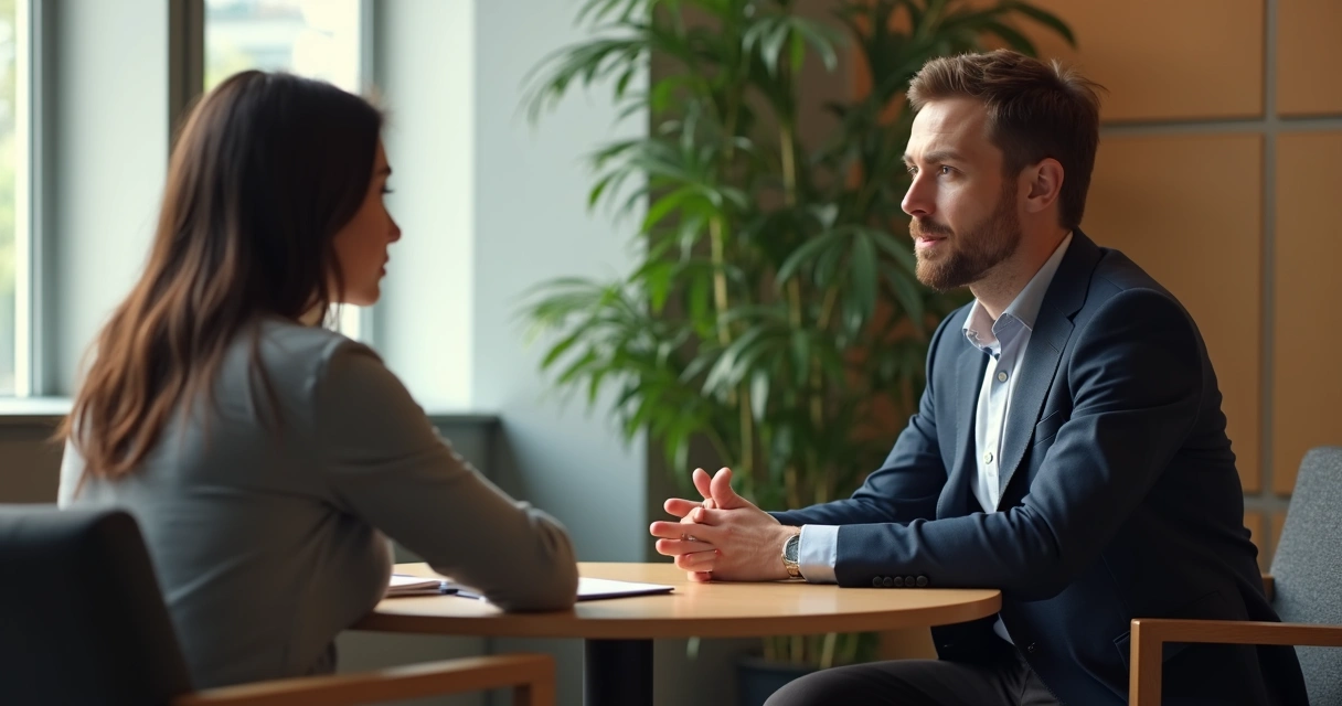 Líder ouvindo atentamente um colega em ambiente descontraído de trabalho 