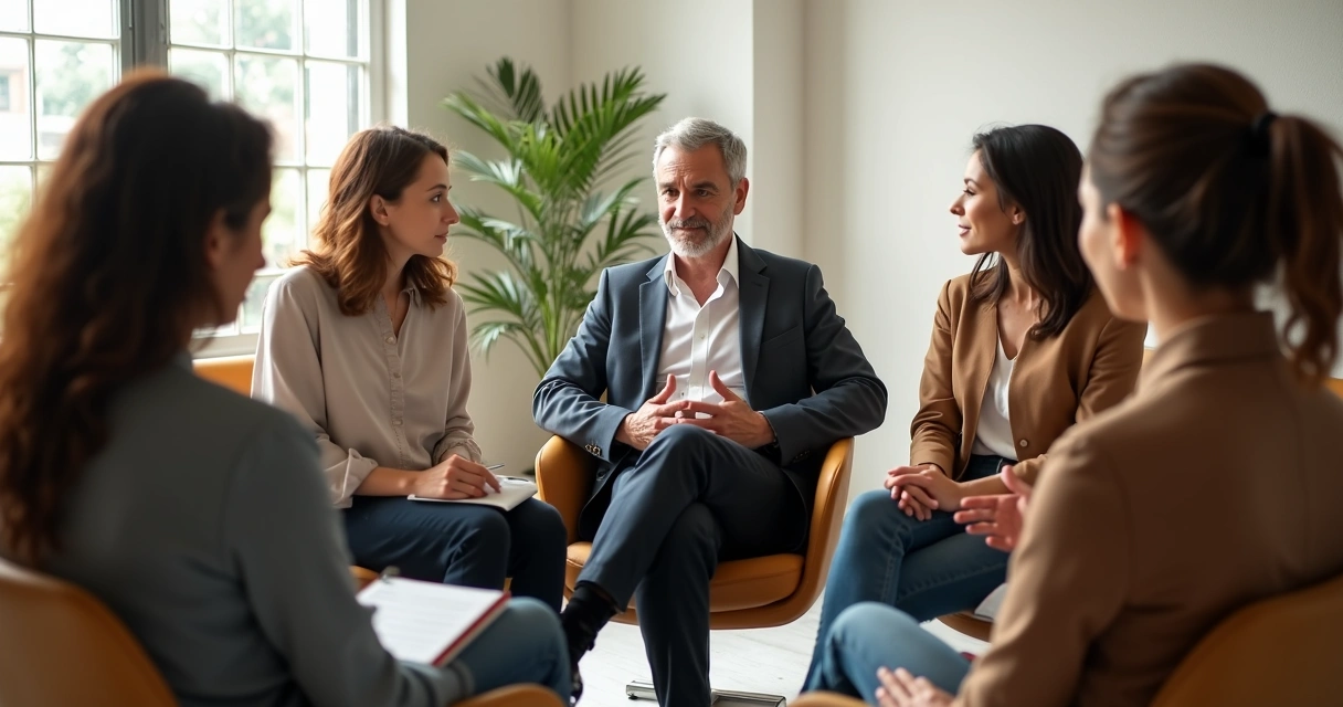 Líder sentado em roda com equipe em conversa aberta e acolhedora 