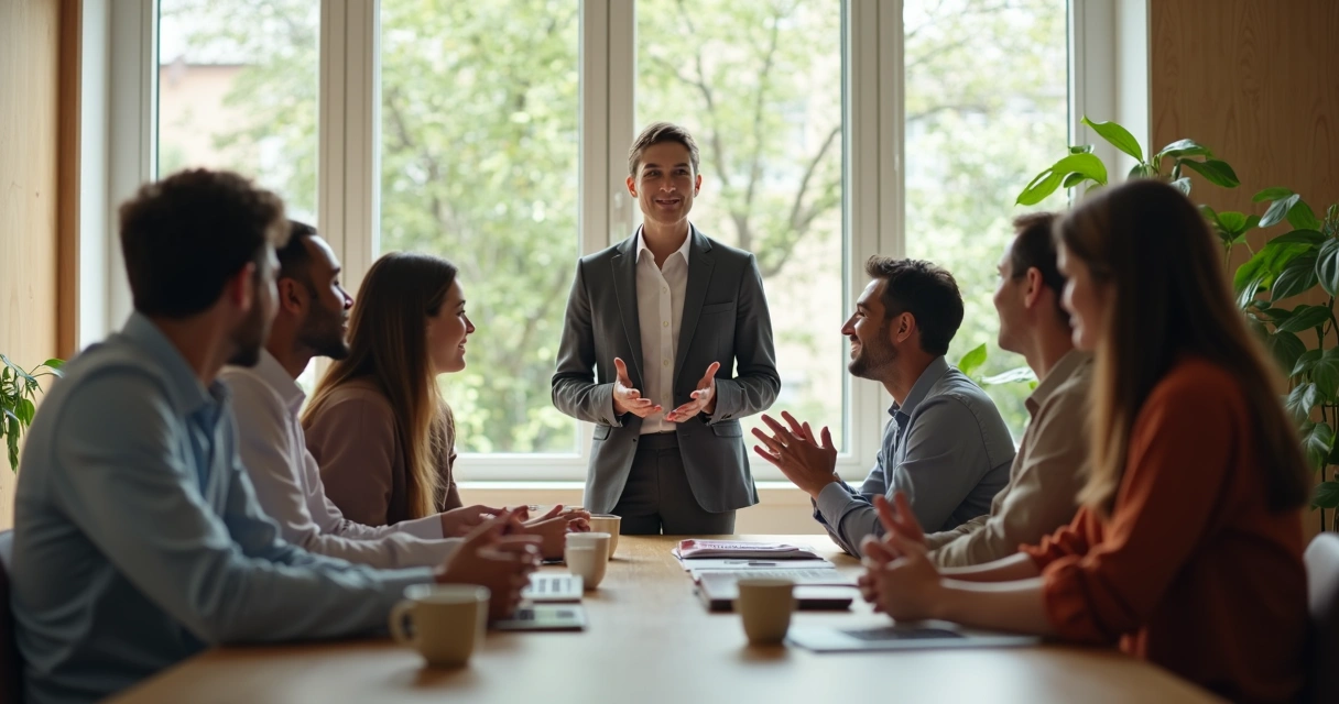 Líder em reunião com a equipe, mostrando empatia e escuta ativa 