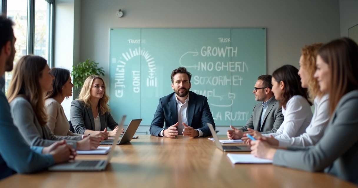 Líder em reunião com equipe mostrando vulnerabilidade e abertura para diálogo 