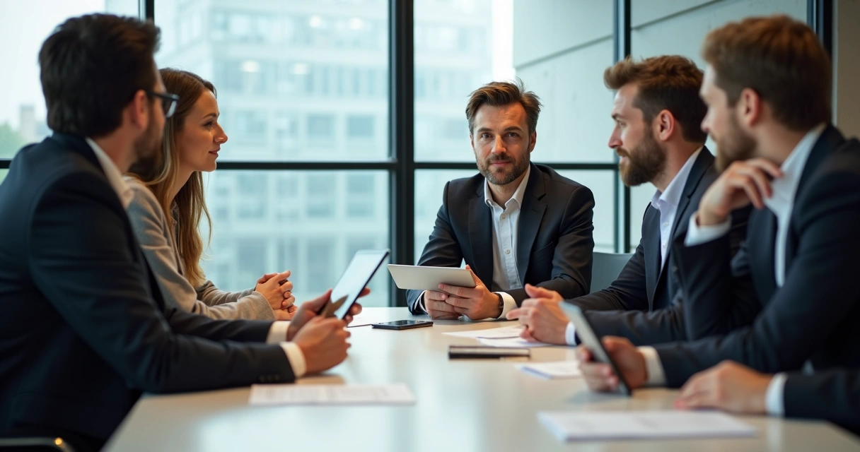 Dois líderes, homem e mulher, em sala de reunião, conversando aberta e respeitosamente com a equipe