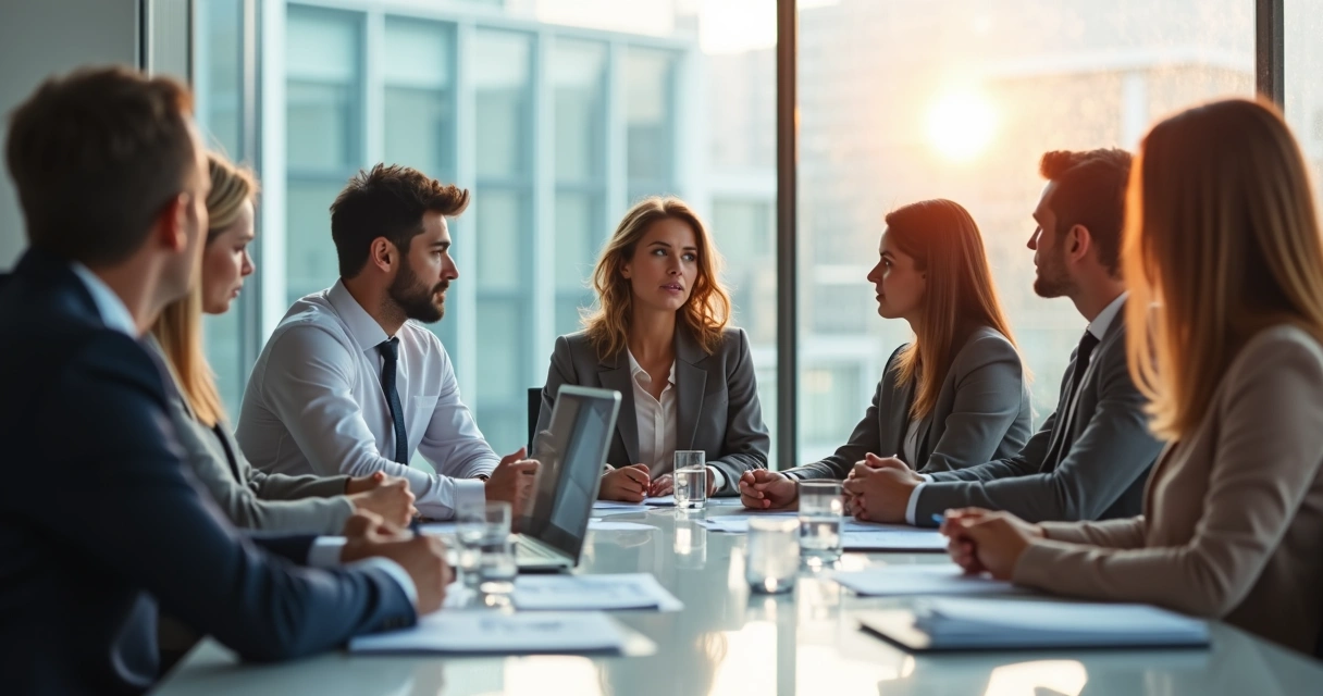 Gestora vulnerável em reunião ouvindo equipe em ambiente corporativo moderno 