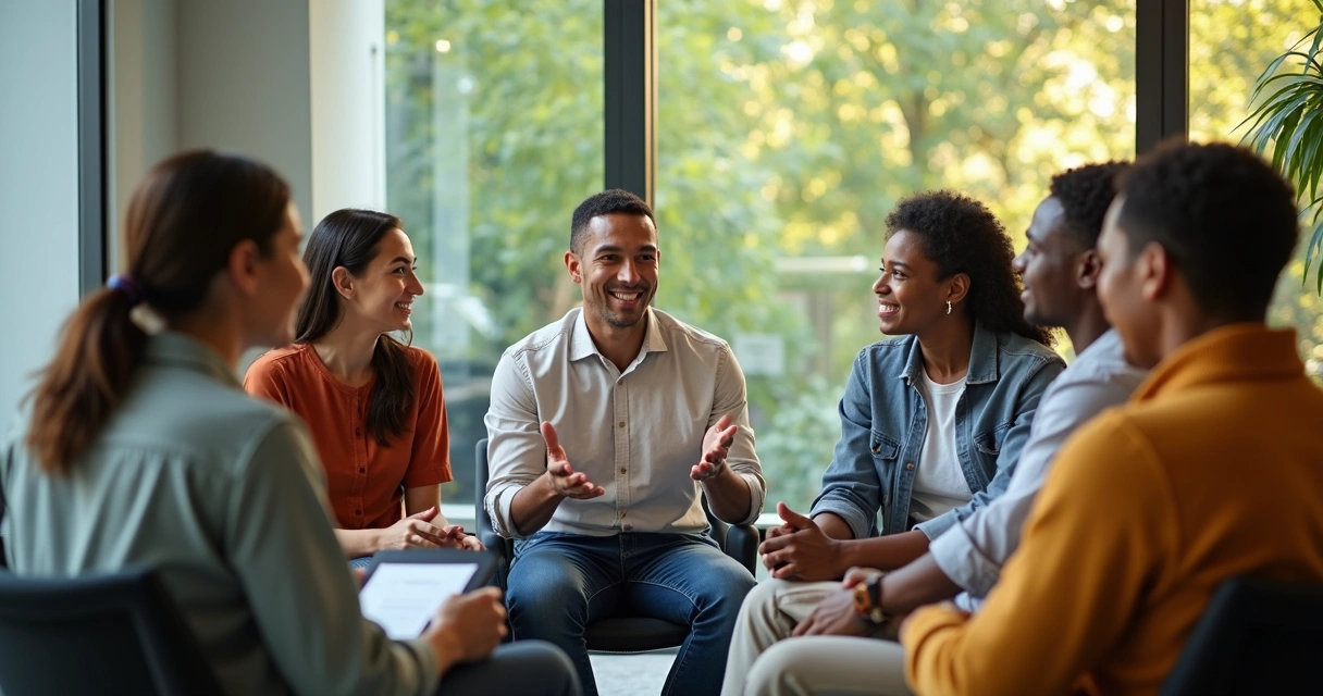 Time reunido com líder em roda, ambiente de confiança e troca
