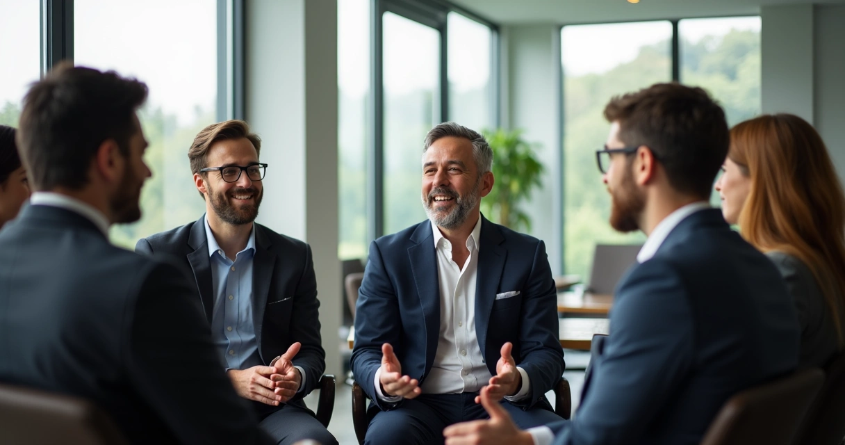 Líder de terno e colaboradores em círculo em sala, clima acolhedor 