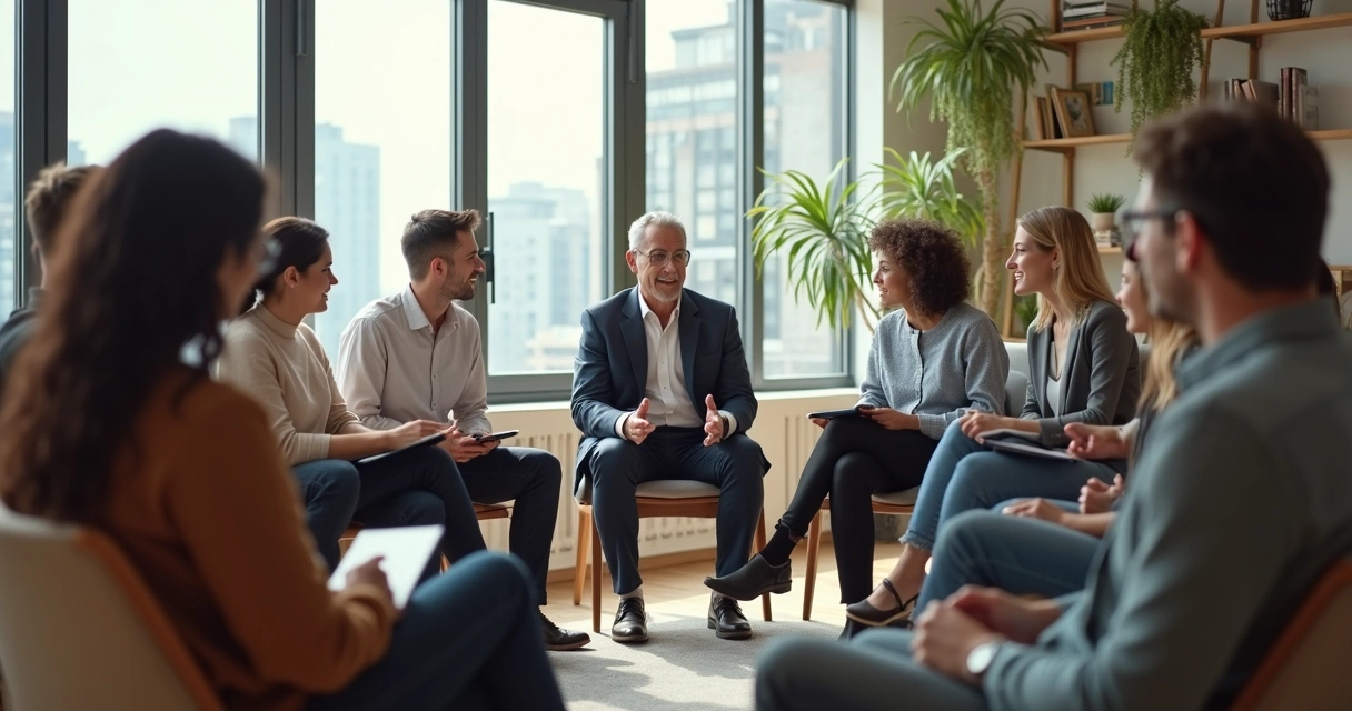 Líder sentado em círculo com equipe em conversa sincera 