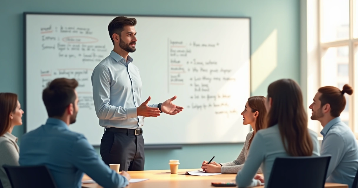 Líder conversa aberta com grupo em sala de reunião.