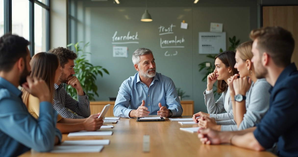 Líder e equipe em reunião demonstrando vulnerabilidade e conexão humana 