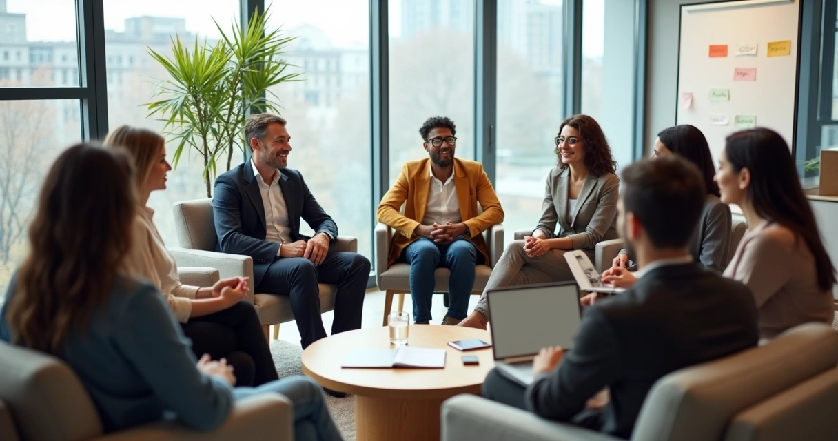 Líder em reunião escutando atentamente um time diverso em círculo 
