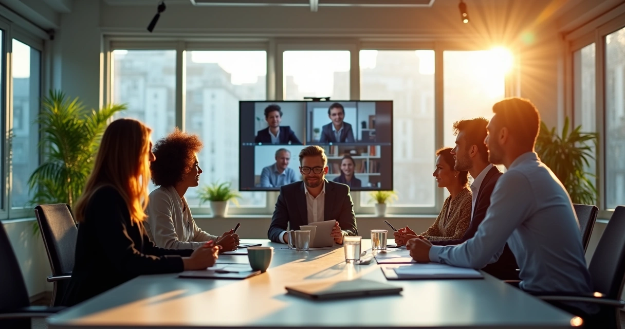 Equipe híbrida em reunião virtual e presencial 