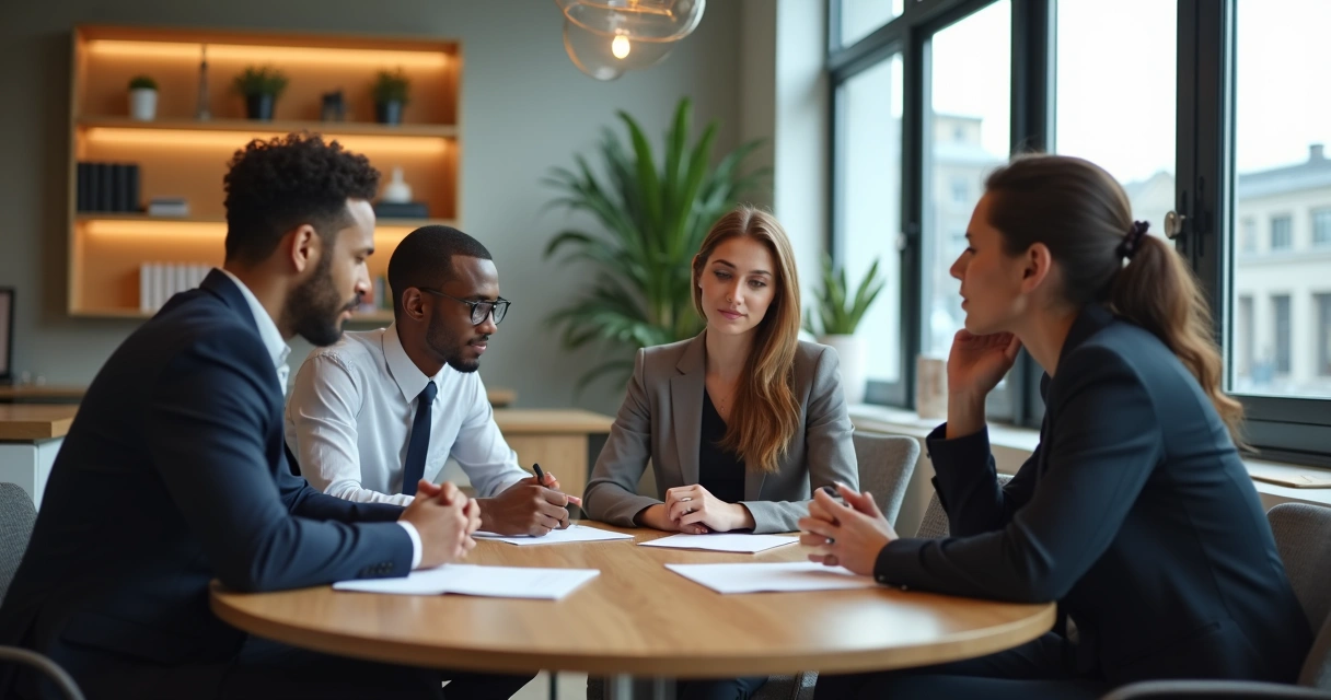 Equipe de trabalho reunida em uma mesa, refletindo de forma serena