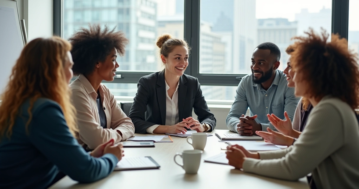 Reunião de equipe com líder ouvindo colaborador compartilhar experiência 
