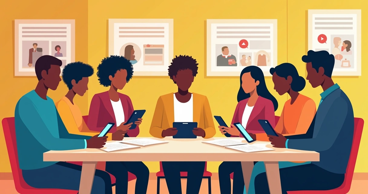 Pessoas diferentes de uma comunidade debatem ao redor de uma mesa com smartphones e tablets. 