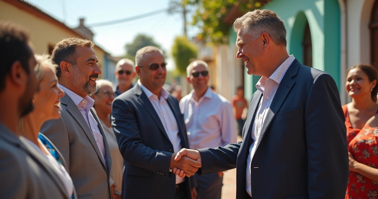 Candidato cumprimentando líderes comunitários em praça, clima amistoso 